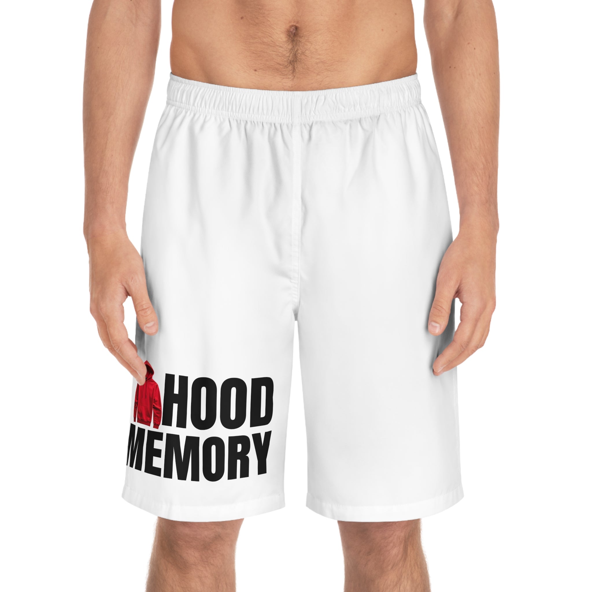Hood Memory Board Shorts — Graphic Beach Swim Trunks with Red Hoodie Design